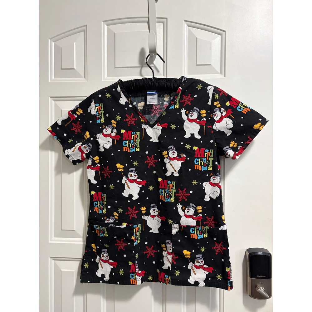 Frosty the Snowman Christmas Scrub Top XS Black V-Neck Holiday Medical Uniform